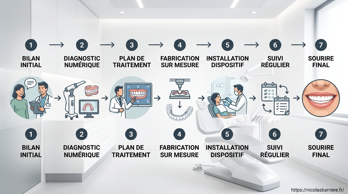 Schéma processus diagnostic scan 3D simulation pose et contention orthodontie Genève
