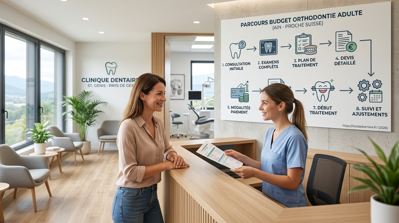 Schéma de processus du bilan orthodontique initial à l'optimisation financière transfrontalière