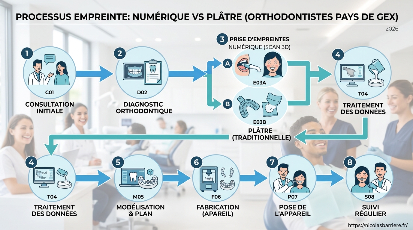 Schéma du processus du diagnostic orthodontique à la prise d'empreinte pour les patients de Divonne-les-Bains