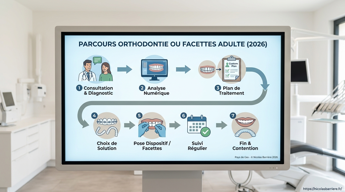 Schéma du parcours de diagnostic orthodontique pour adulte à Divonne-les-Bains