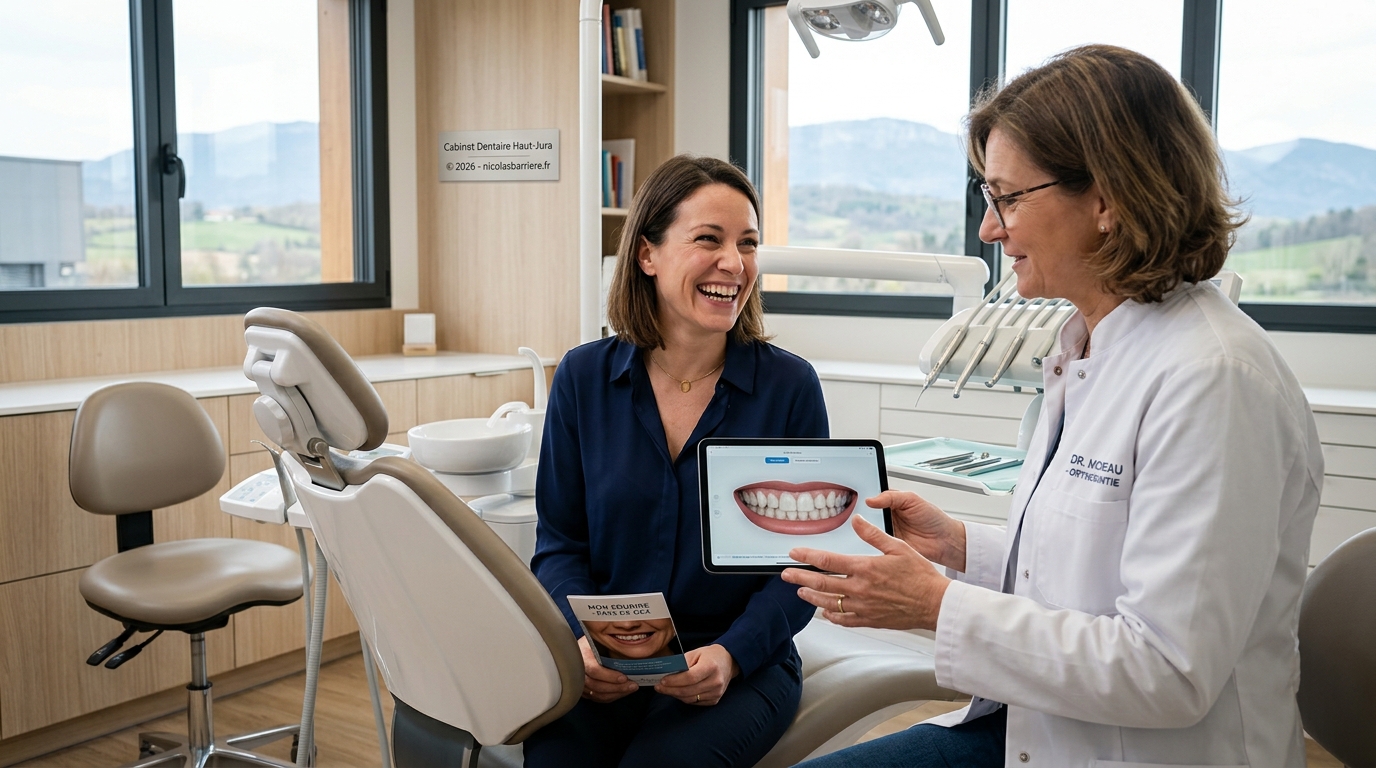 Sourire adulte avec dents alignées après un traitement d'orthodontie ou pose de facettes
