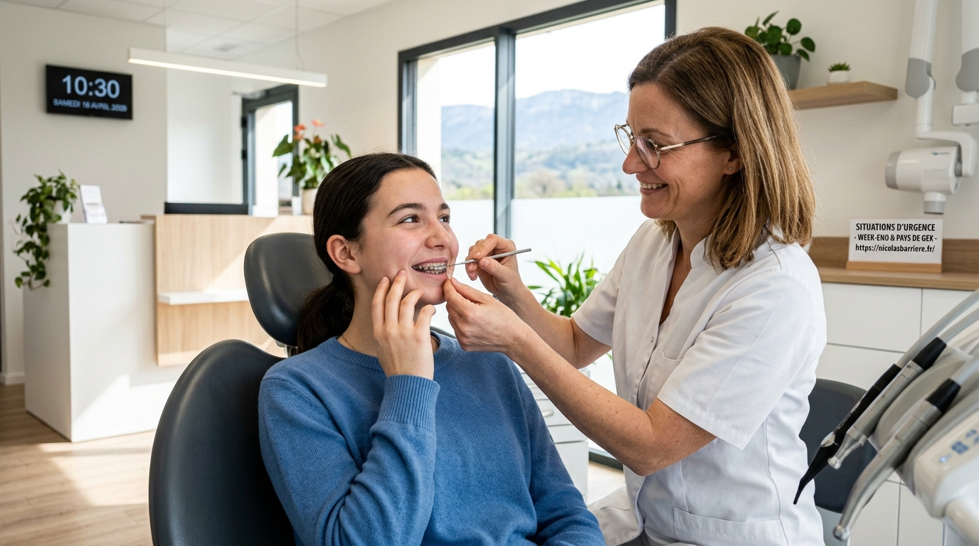 Patiente consultant un orthodontiste en urgence pour un fil métallique irritant la joue