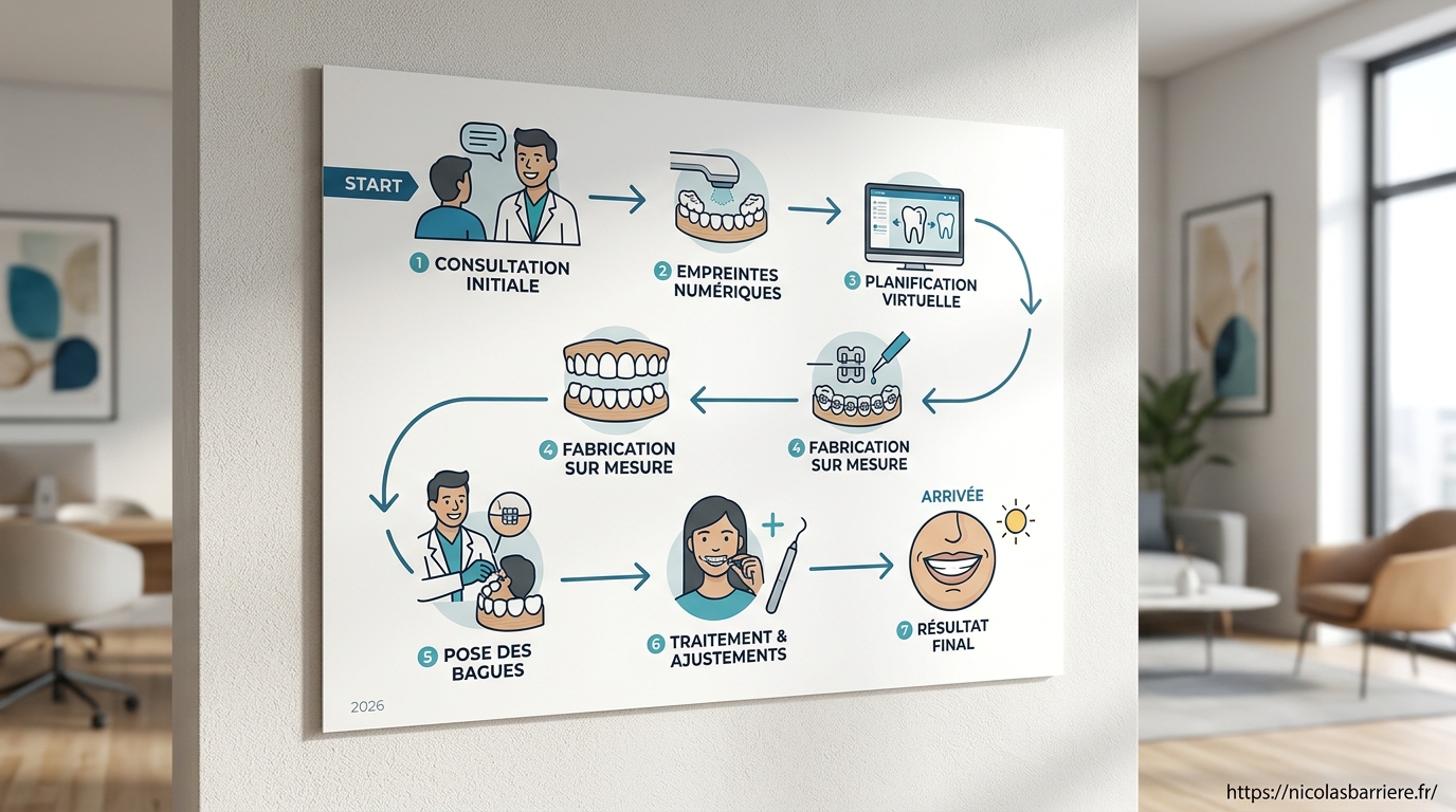 Schéma de processus : du bilan orthodontique initial à Divonne-les-Bains à la pose personnalisée des bagues linguales