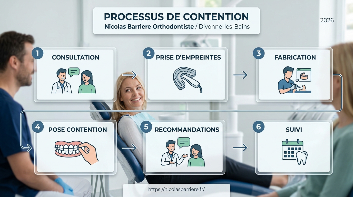 Schéma du processus de pose de la contention et de la gouttière chez l'orthodontiste à Divonne