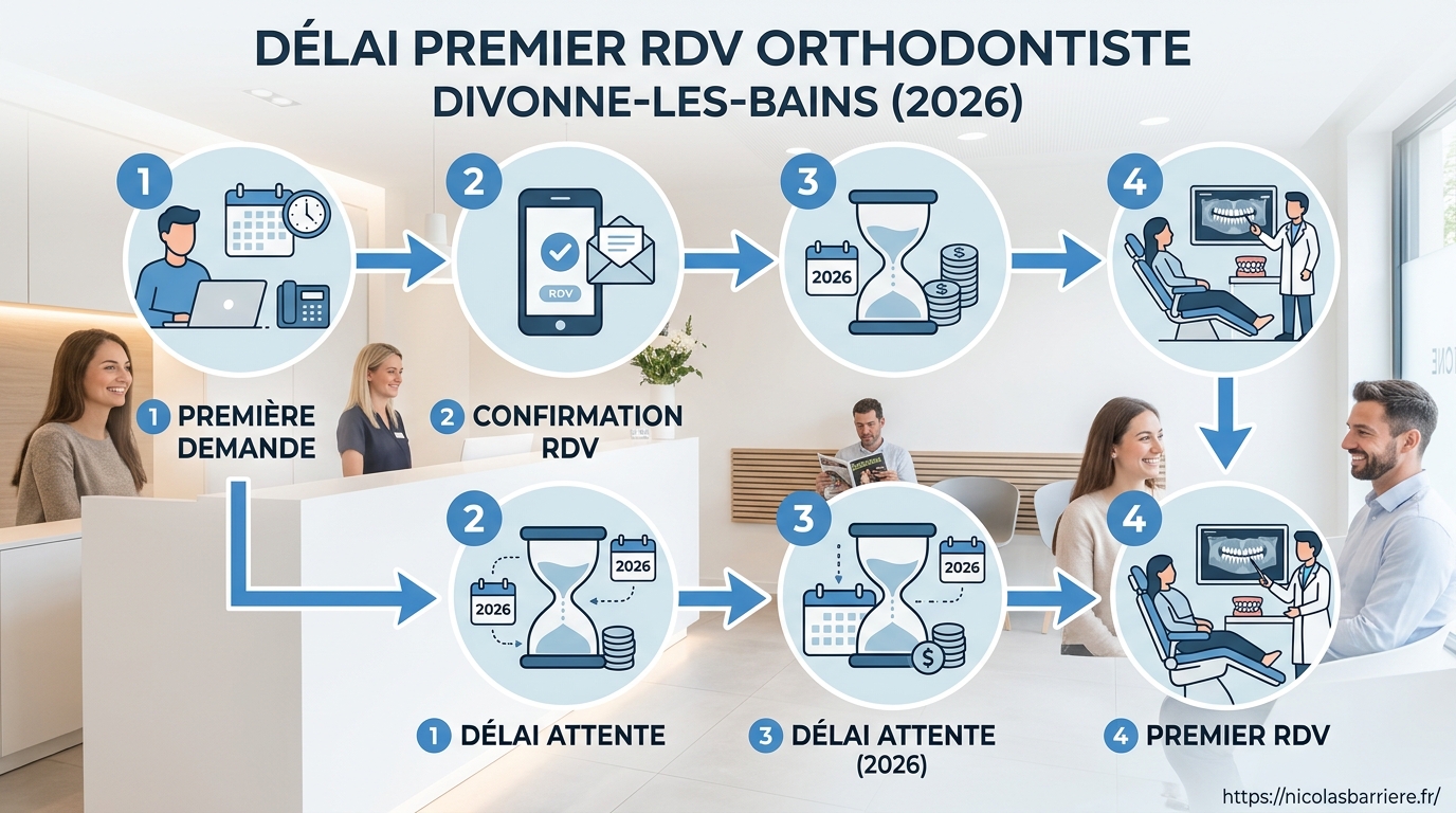 Schéma du processus de prise de rendez-vous orthodontique à Divonne-les-Bains