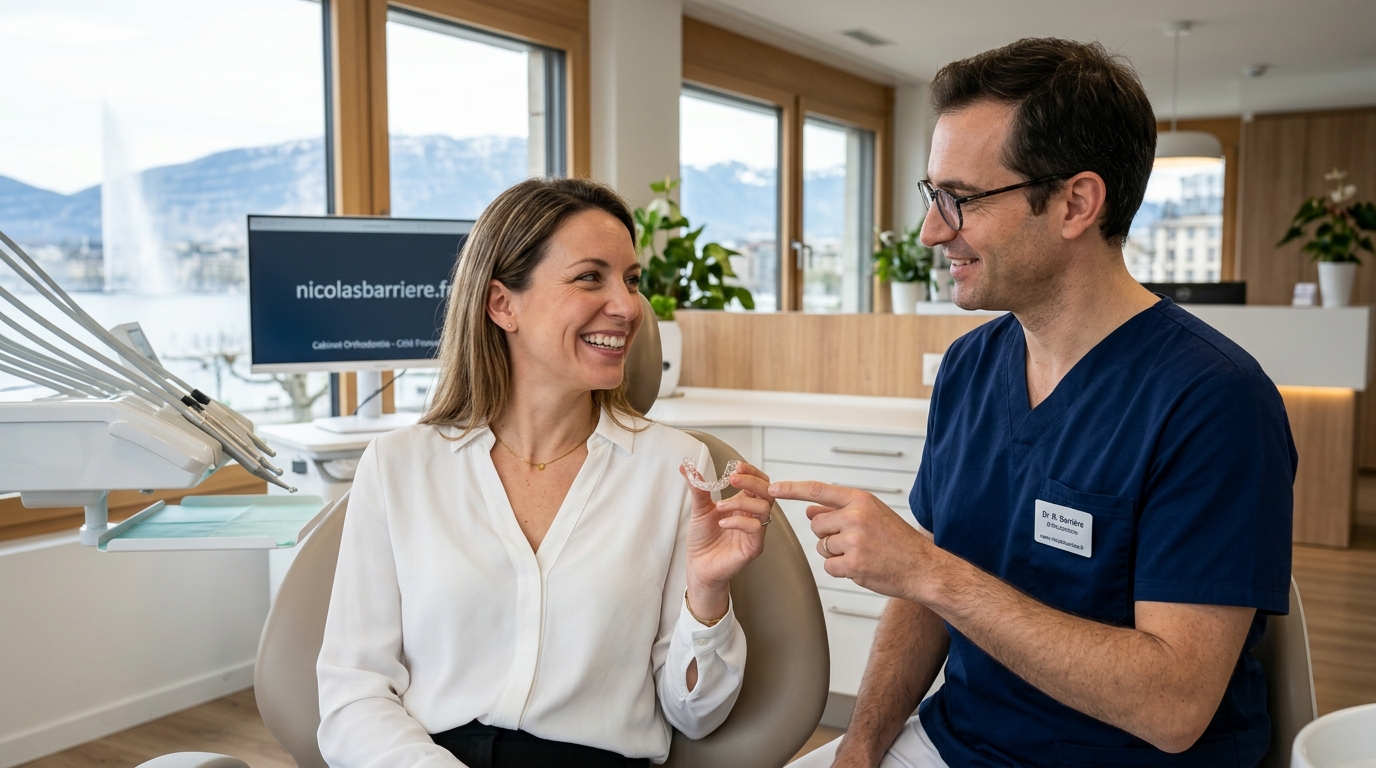Orthodontiste adulte proposant des solutions d'appareils dentaires invisibles près de Genève côté France