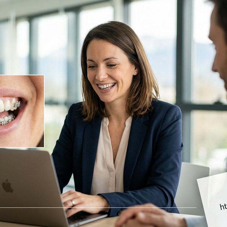 Sourire d'un adulte portant des bagues linguales invisibles à Divonne-les-Bains