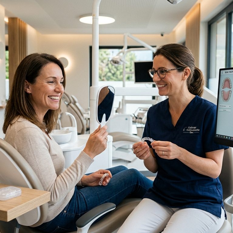 Sourire adulte aligné après traitement orthodontique discret à Divonne-les-Bains