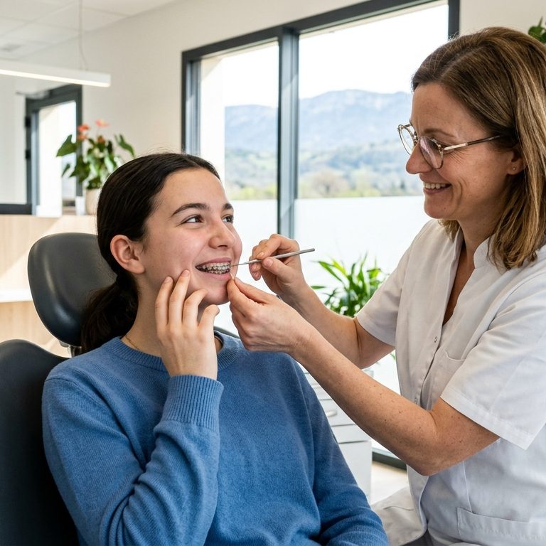 Patiente consultant un orthodontiste en urgence pour un fil métallique irritant la joue